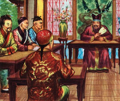 Confucius, of Kong Fu Zi, met zijn leerlingen (afdruk) door Artist Unknown