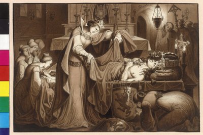 Keizerin Anna wikkelt het in het Schotse klooster opgebaarde lichaam van koning Ottokar in een lijkwade door Artist Unknown