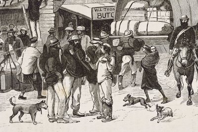 Engeland (19e eeuw). Kolonisatie (1880). Het leven van de goudzoekers in Australië. Engelse kolonie Botany Bay (gesticht in 1788) en aanvankelijk voornamelijk bevolkt door criminelen die goudzoekers en handelaren werden. Gravure. Privécollectie door Artist Unknown