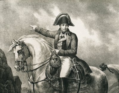 NAPOLEON I Bonaparte (1769-1821). Franse militair en politicus, keizer van Frankrijk (1804-1815). Detail van een ruiterportret van Napoleon, geïnspireerd op het originele portret door Joseph Chabord. Gravure door Artist Unknown