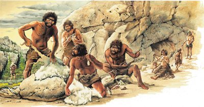 Prehistorie Paleolithicum: Jagers gebruiken de huid van gedode betes en maken gereedschap en wapens (speer). door Artist Unknown