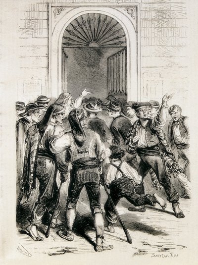 Spanje (1873). Uitroeping van de Eerste Republiek en bestorming van het stadhuis van Barcelona (11 februari 1873). Ets. door Artist Unknown