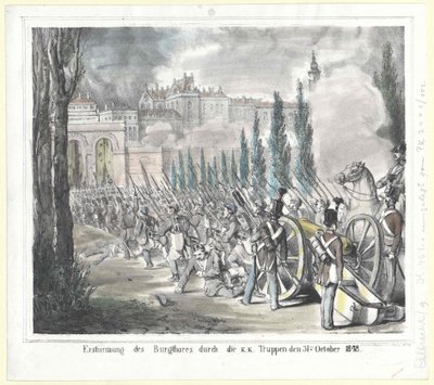 Bestorming van de kasteelpoort door de k.k. troepen op 31 oktober 1848 door Artist Unknown