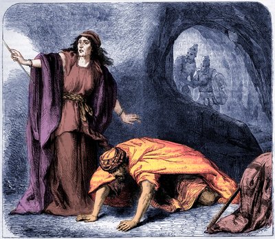 De opwekking van Samuel door de heks van Endor - Bijbel (druk) door Artist Unknown