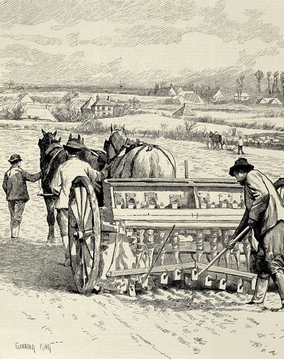 VERENIGD KONINKRIJK. ENGELAND. Industriële Revolutie. Boormachine uitgevonden door Jethro Tull. Gerst zaaien in februari. Tekening door Gunning King gepubliceerd in 