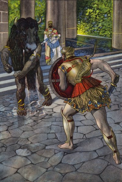 Heracles die de Minotaurus confronteert door Artus Scheiner