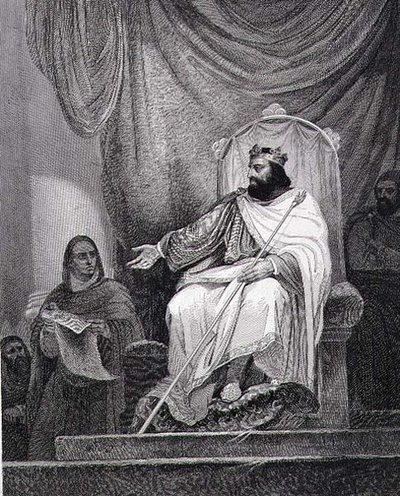 Karel de Grote (742-814) geeft het Capitulair van Herstal uit in 779, gegraveerd door Leclerc door Ary (after) Scheffer