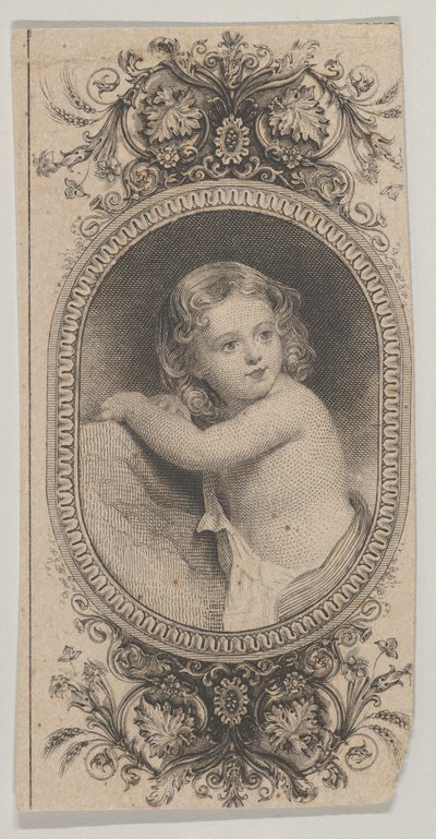 Bankbiljetmotief: een kinderportret en twee ovale patronen omgeven door een bloemenrand door Asher Brown Durand.