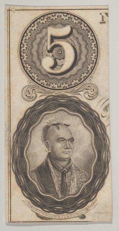 Bankbiljetmotieven: het nummer 5 en een portret van Thayendanegea, ca. 1824-37 door Asher Brown Durand.