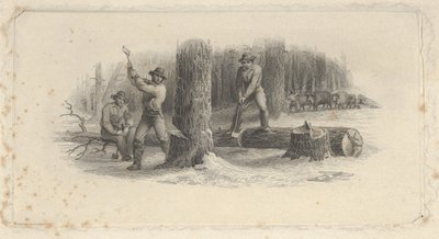 Bankbiljet vignette met houthakkers die bomen omhakken in een besneeuwd bos, ca. 1824-37 door Asher Brown Durand.