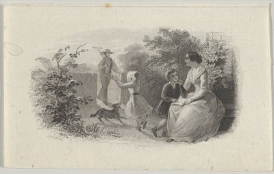 Bankbiljet vignette met een familie in een tuin door Asher Brown Durand.