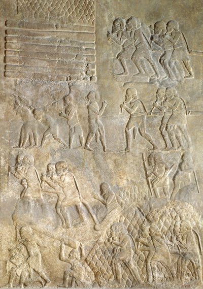 Reliëf dat dragers toont die hout naar de kust brengen voor transport over zee, uit het paleis van Sargon II, Khorsabad, Irak door Assyrian