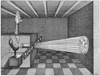 Een camera obscura (toverlantaarn) projecteert het beeld van een man die in de hel brandt - (toverlantaarn. Toverlantaarn van pater Kircher. Vroege lantaarnschuifprojector) In 