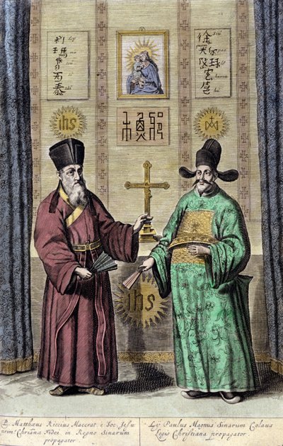 Portret van Matteo Ricci (links), Italiaanse Jezuïet en Paul Ly, grote verspreider van het christelijk geloof in China, gravure uit 