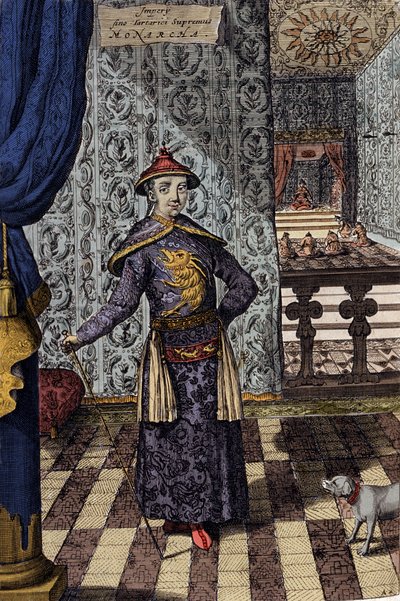 De Chinese Keizer en Opperheerser van de Tartaren - Chinese keizer Kangxi (1652-1722) Qing-dynastie, gravure door Athanasius Kircher (1601-1680) uit China Monumentis, qua sacris qua profanis 1667 - Chinese keizer Kangxi (1652-1722) Qing-dynastie door Athanasius Kircher