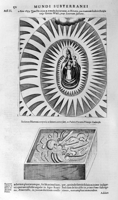 Maagd en kind en een menselijk skelet door Athanasius Kircher