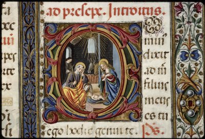 Missaal van Thomas James: detail van een letter D: de Geboorte. door Attavante degli Attavanti