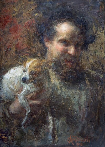 Zelfportret van Attilio Andreoli met hond door Attilio Andreoli