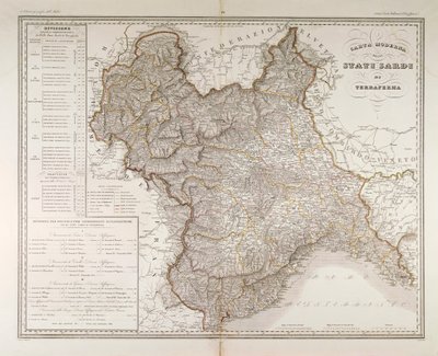 Sardijnse Staten op het vasteland. Kaart door Attilio Zuccagni-Orlandini, uit de Geografische Atlas van Italiaanse Staten, Florence, gravure op koper door Attilio Zuccagni Orlandini