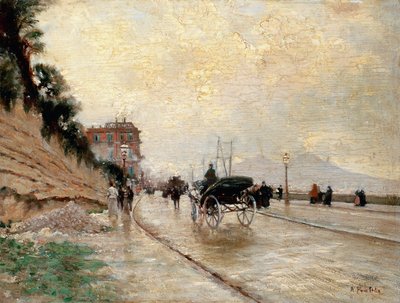 Koets op promenade in Napels door Attillo Pratella