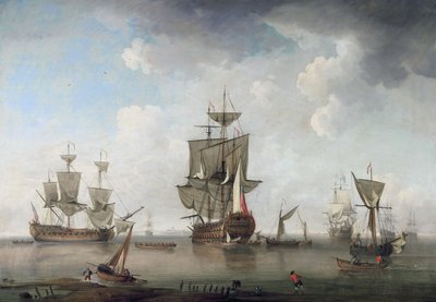 Krijgslieden in de haven door attributed to Charles Brooking