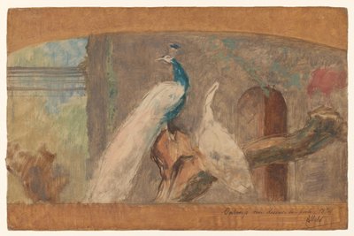 Ontwerp voor een dessus-de-porte: tak met pauw en andere vogels door August Allebe