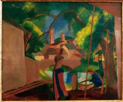 Kinderen bij de fontein met stad op de achtergrond door August Macke