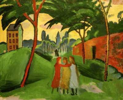 Landschap met drie meisjes door August Macke