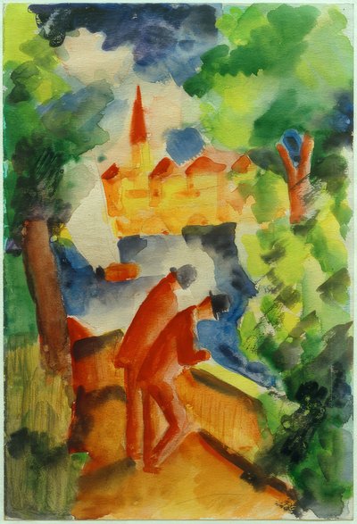 Mannen op het terras aan het meer door August Macke