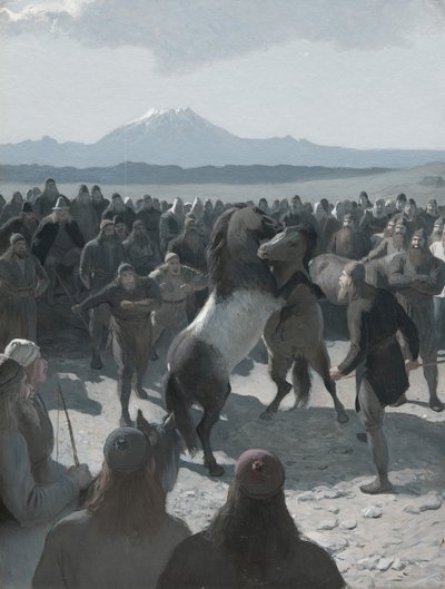 Het Verhaal van Burnt Njáll: Het Paardengevecht bij Hliðarendi door August Malmström