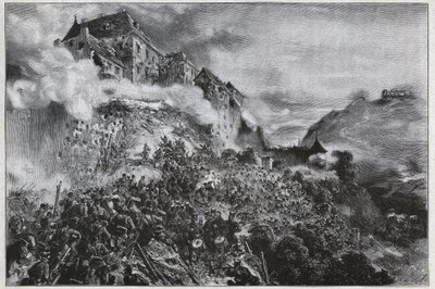 De Hongaarse Revolutie van 1848-1849: Hongaarse rebellen bestormen het Buda (Oven) Kasteel op 21 mei 1849 - naar lithografie van August von Pettenkofer door August Xaver Karl von Pettenkofen