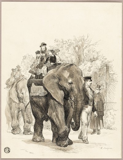 Olifant met ruiters in Jardin des Plantes, Parijs door Auguste Andre Lancon