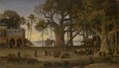 Maanverlichte Scène van Indiase Figuren en Olifanten tussen Banyanbomen, Boven-India (waarschijnlijk Lucknow) door Auguste Borget