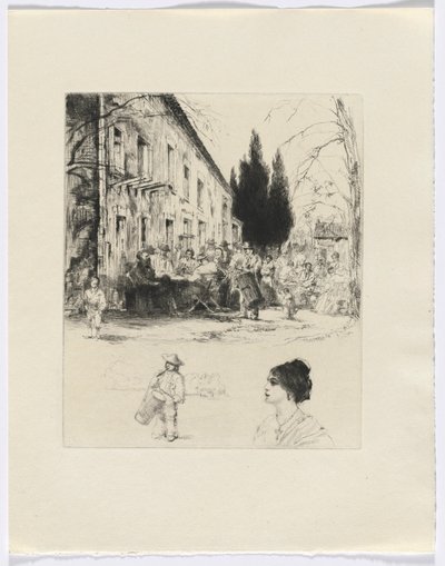 Frédéric Mistral: Mémoires et Recits van Frédéric Mistral: figuren aan buitentafel/man die trommel speelt en buste van een vrouw (invoegen na p. 136) door Auguste Brouet