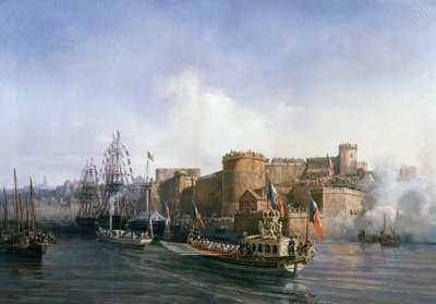 Bezoek van Napoleon III in Brest, de boot van de keizer komt de haven binnen op 11 augustus door Auguste Etienne Francois Mayer