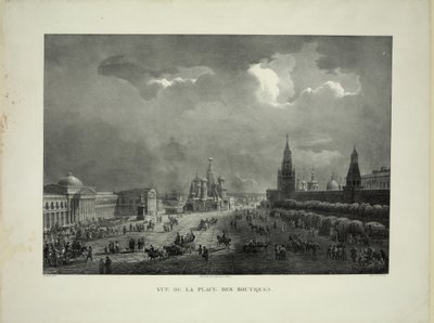 Bovenste handelsrijen op het Rode Plein in Moskou, c. 1830 door Auguste Jean Baptiste Antoine Cadolle