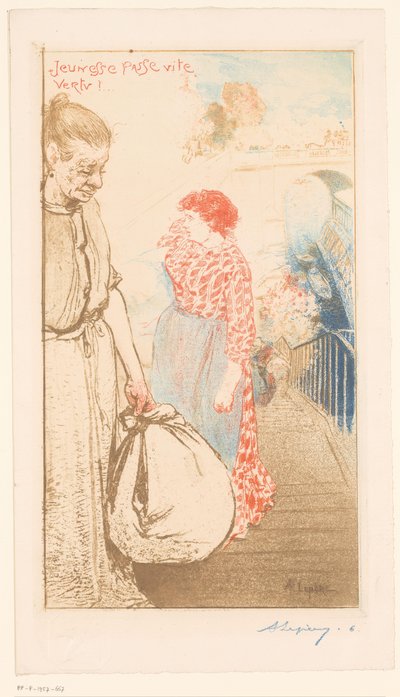Wasvrouwen op een trap langs de Seine door Auguste Lepère (signed by artist)