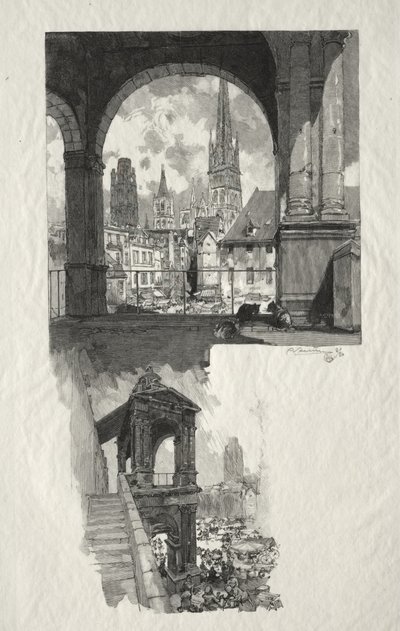Rouen Illustré: Place de la Haute Vieille Tour; Edicule de la Fierte door Auguste Louis Lepère