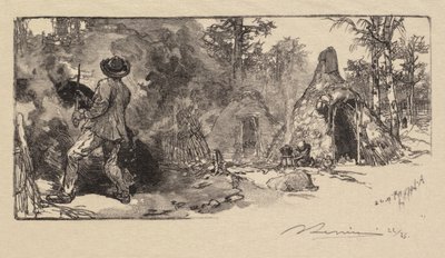 Fontainebleau-bos: Kolenscheppers La Forêt de Fontainebleau: Les Charbonniers, 1890 door Auguste Louis Lepère