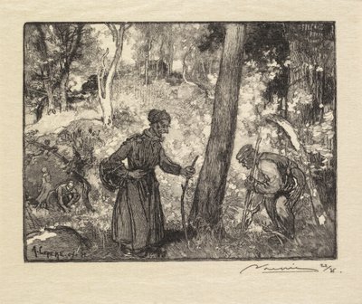 Fontainebleau Bos: Paddenstoelenjagers bij de Rocher Bernard door Auguste Louis Lepère