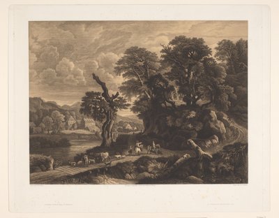 Landschap met dieren en figuren op een weg langs een rivier door Auguste Numans