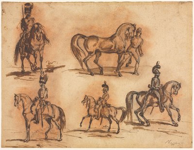Vijf Ruiterstudies: Cavaleristen door Auguste Raffet