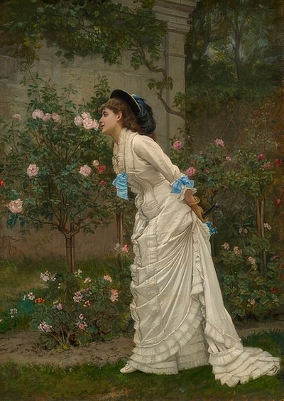 Dame die aan rozen ruikt. 1879 door Auguste Toulmouche