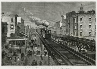 Dubbel spoor van de Airline Railway op Seventh Avenue, New York, New York. Edouard de Laveleye, in 1878-1879, gepubliceerd in de Tour du monde, onder leiding van Edouard Charton (1807-1890) door Auguste Victor Deroy