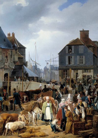 Inscheping van vee in de haven van Honfleur (detail) door Auguste Xavier Leprince