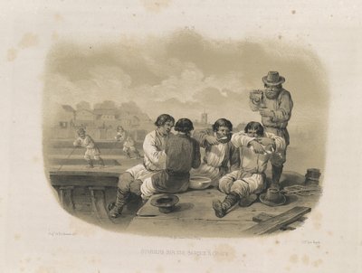 Bouwers op een boot Uit: De Bouw van de Sint-Isaacskathedraal, 1845 door Auguste de Montferrand