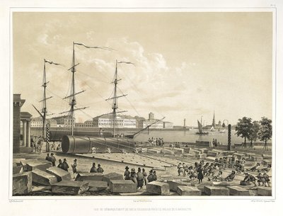 Lossen van twee kolommen bij de Admiraliteit Uit: De bouw van de Sint-Isaacskathedraal, 1845 door Auguste de Montferrand