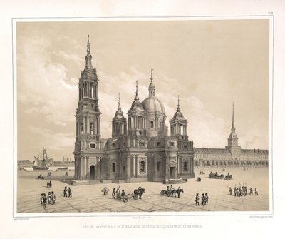 Uitzicht op de Sint-Isaacskathedraal ten tijde van Catharina II Uit: De bouw van de Sint-Isaacskathedraal, 1845 door Auguste de Montferrand
