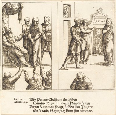Christus voor Kajafas, en Petrus Verloochent Christus door Augustin Hirschvogel