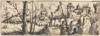 Landschap met kasteel rechts, omgeven door rotsen door Augustin Hirschvogel